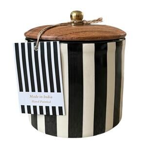 Hand Painted Striped Ceramic Canister w/ Wood Lid Made in India Black Cream NEW